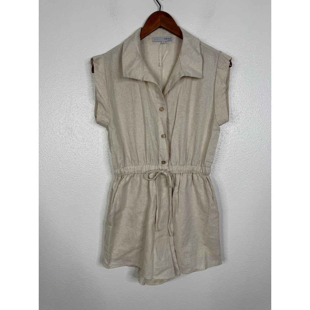 Baltic Born Oatmeal Beige Linen Blend Button Front‎ Romper Small AM2680